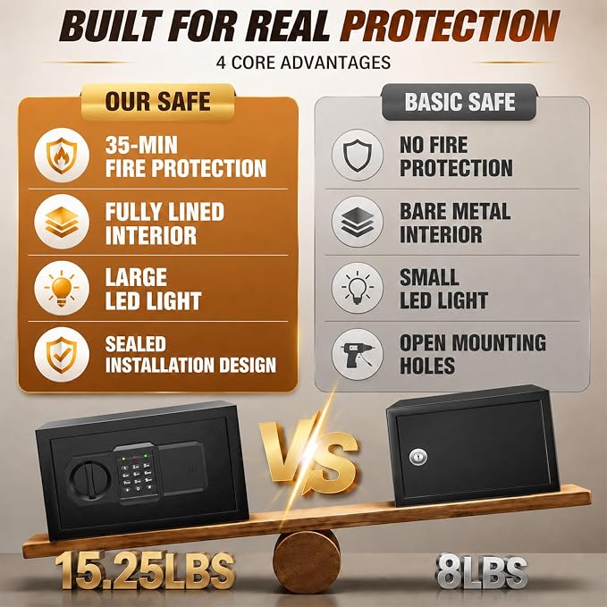 𝟑𝟓-𝐌𝐢𝐧 𝟏𝟖𝟎𝟎°𝐅 Mini Fireproof Safe, 15.4 Lbs Heavy Duty Safe Box | Small Fire Safe with Alarm System, Sensor LED Light, Wall Mountable Design for Home & Office Storage of Cash, Passport