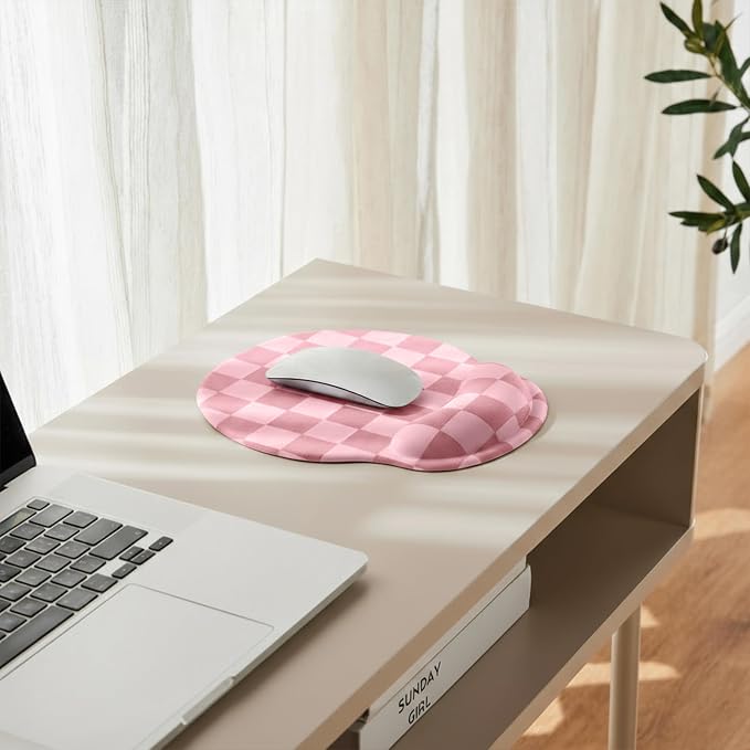Ohocut Coral Pink Checkered Mouse Pad with Gel Wrist Rest, Wrist Support, Ergonomic Desk Accessories for Women, Office Laptop Gaming Decor, Cute Aesthetic Check Design