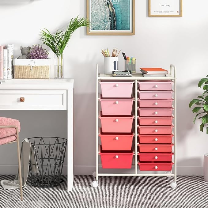 15 Drawer Rolling Storage Cart, Rolling Cart with Drawers for Classroom, Art Supply Craft Organizer on Wheel with Metal Frame & Handles for Home Office School
