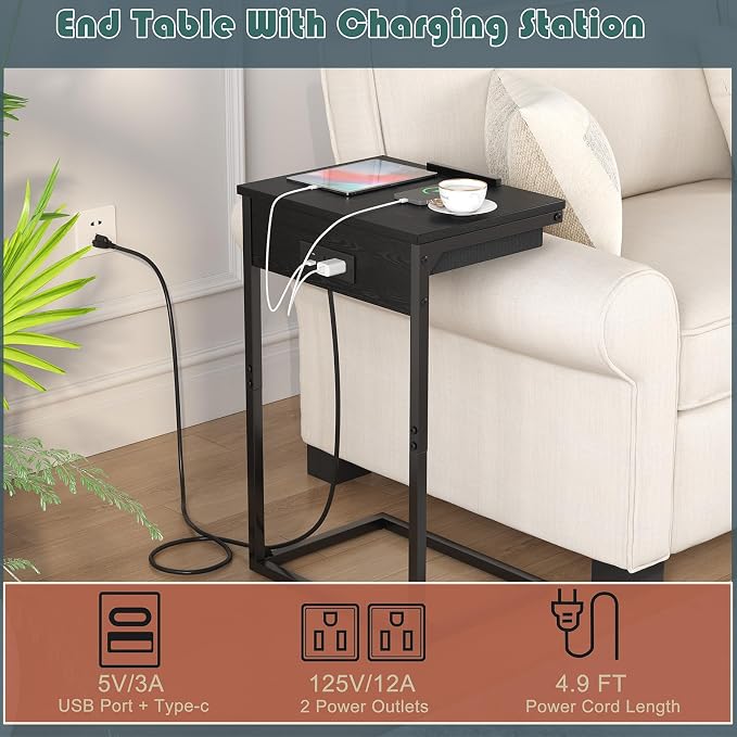 sthmec C Shaped End Table with Charging Station,45° Tiltable Adjustable Flip Top Side Table Set of 2,Small C Table Set 2 for Small Spaces,Slide Under Couch Sofa Bedside Table Living Room, Black
