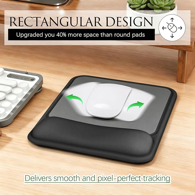 JIKIOU Ergonomic Mouse Pad with Gel Wrist Rest, 10 x 7.25 in, Black | 40% Larger Rectangular Design-No More Hitting Edges Mid-glide, Savior of Pain Relief, Smooth Lycra Surface, Non-Slip PU Base