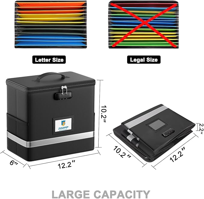 Fireproof File Box with Lock, Collapsible Document Organizer, Black | Suitable for Hanging Folders in Letter Size, Reflective Strip for Fast Find, Home Office Safe Protection,12.2"x6"x10.2"