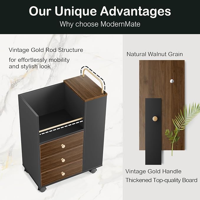 Mobile File Cabinet Under Desk with 3 Drawer, Lockable Wheels | Rolling Filing Cabinet, Utility Cart with Open Storage Shelves Home Office Fits A4/Legal, 19.7" x 11.8" x 26.3", Black Walnut