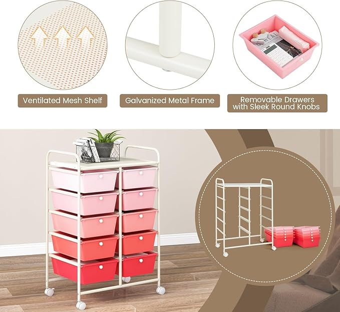10 Drawer Rolling Cart, Storage Cart Organizer on Wheels, Drawer Cart with Metal Frame & Large Storage Capacity, Rolling Cart with Drawers for Living Room Classroom, Office