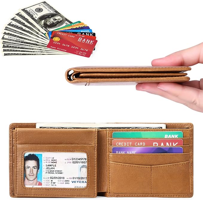 Wallet for Men Genuine Leather RFID Blocking Bifold Wallet With 2 ID Windows (Khaki)