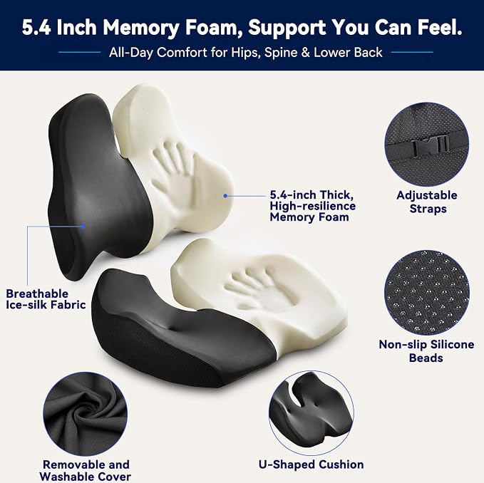 Oversized Seat Cushion with Lumbar Support for Long Sitting & Office Chairs | Designed for 150–300 Lbs with Ergonomic Support for Tailbone & Sciatica Relief in Car, Office, Home & Wheelchair