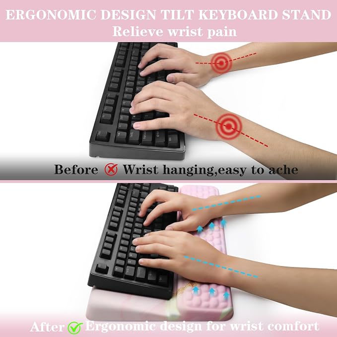 Ergonomic Keyboard Stand with Wrist Rest, Computer Wrist Support Pad | Comfy Tilted Keyboard Riser Holder Wrist Pad for Pain Relief, Soft Memory Foam Desk Cushion for Office Home