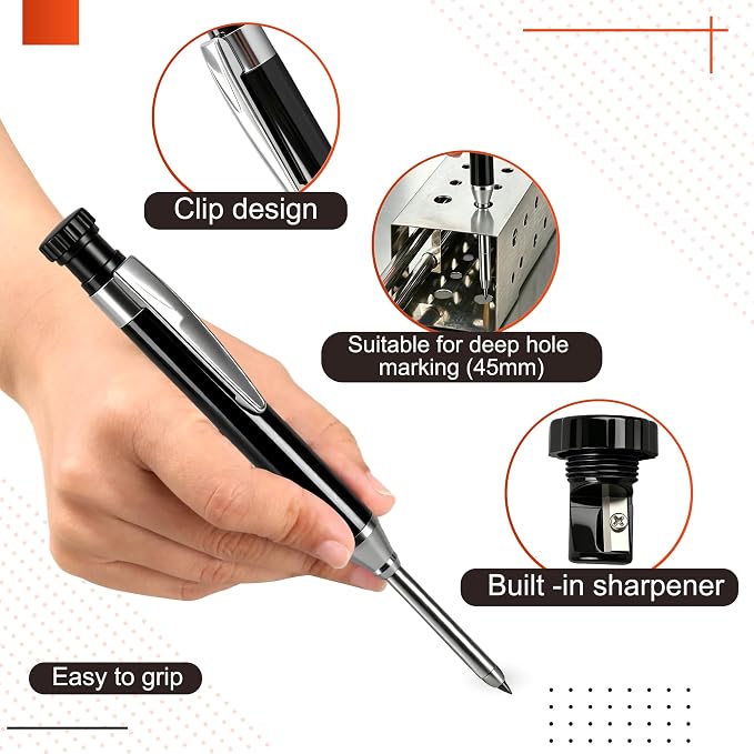 YEVEETTE 2.8mm Carpenter Pencils with 7 Refills, Built-in Sharpener Long Nib Deep Hole Construction Pencil, Metal Drafting Pencil Set for Carpenter Scriber Woodworking Architect (Black)