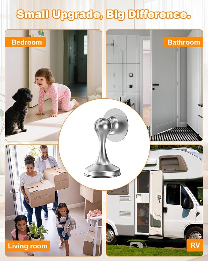 Crosize Magnetic Door Stoppers 6 Pack, Stainless Steel Door Stops for Wall and Floor Mounting, Door Holder Keep Door Open, No Drilling Door Stop with 3D Adhesive Tapes, Silver