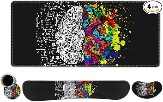 ToLuLu Extended Gaming Mouse Pad, Memory Foam Ergonomic Keyboard Mouse Wrist Rest Support Set, Large Desk Mat with Stitched Edges, Non-Slip Base Mousepad for Home Office Game, Left & Right Brain