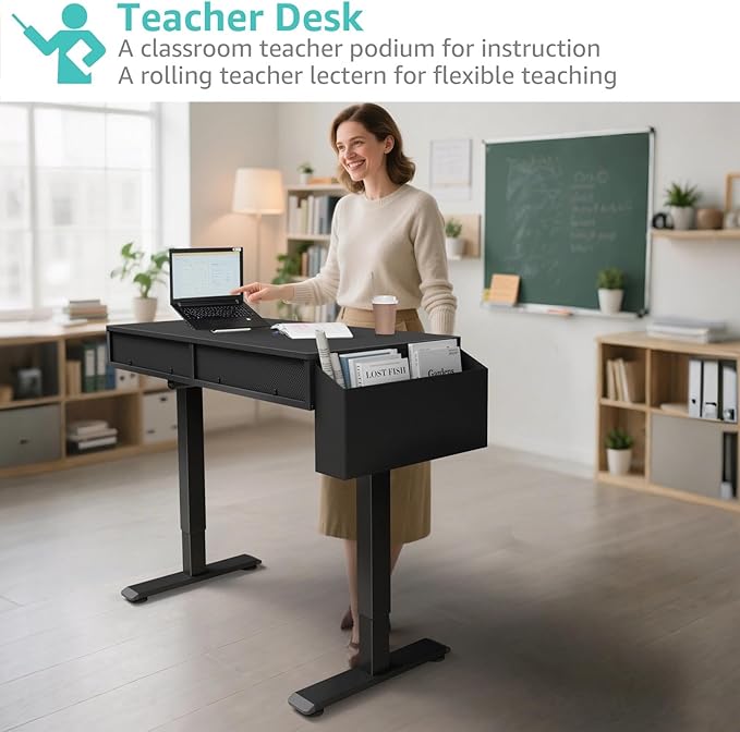 KLUVIS Electric Standing Desk with Drawers - 32 Inch Small Black Height Adjustable Sit Stand Desk with Storage for Home Office Bedroom, Study Writing Compact Stand up Computer Desks for Boys Girl Work