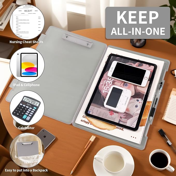 2 Pack Letter Size Clipboard with Storage 8.5 * 11, Plastic Clear Gray Clipboard File Box A4 Nursing Clip Board for School & Office with Christmas Stickers (Clear Gray-2PCS)