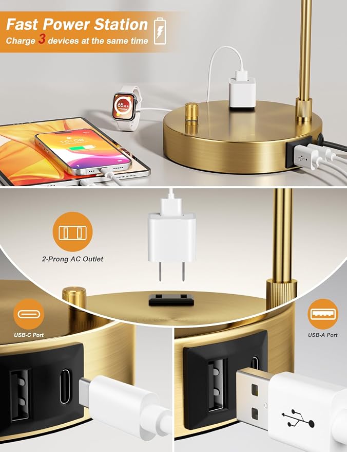 Innqoo Gold Table Lamp with Weaving lampshade, Table Lamp for Bedroom with USB Port and Outlet, Dimmable Nightstand Bedside Lamps with Linen Lampshade, Desk Lamp for Home Office, Living Room