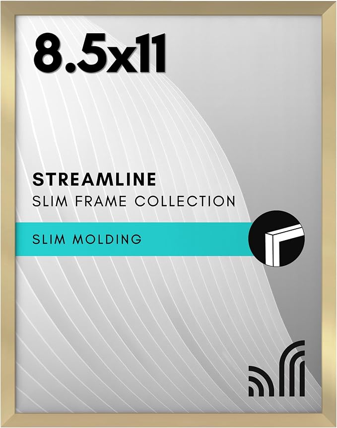 Americanflat 8.5x11 Picture Frame with Shatter-Resistant Glass - Streamline Collection - Thin Border Photo Frame for Tabletop and Wall Display - Hanging Hardware and Easel Stand Included - Gold
