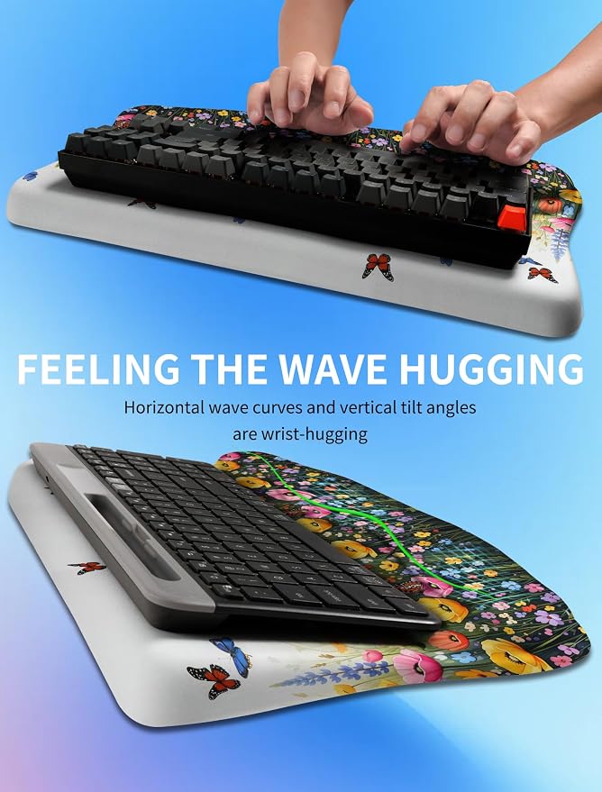 Ergonomic Wave Wrist Rest with Keyboard Stand, Cushioned Palm Rest, Comfortable Integrated Memory Foam for Natural Typing and Relieve Wrist Pain, Flowers and Butterflies