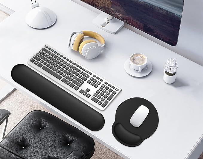 Mouse Pad Wrist Support, Ergonomic Memory Foam Keyboard Wrist Pad & Gel Wrist Rest Set for Computer Keyboard for Easy Typing & Pain Relief for Office & Home(Black Set)
