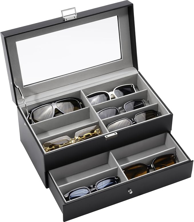 ProCase 12 Slots Sunglasses Organizer, 2 Layer Sunglass Case, Leather Eyeglass Cases for Display and Storage -Black