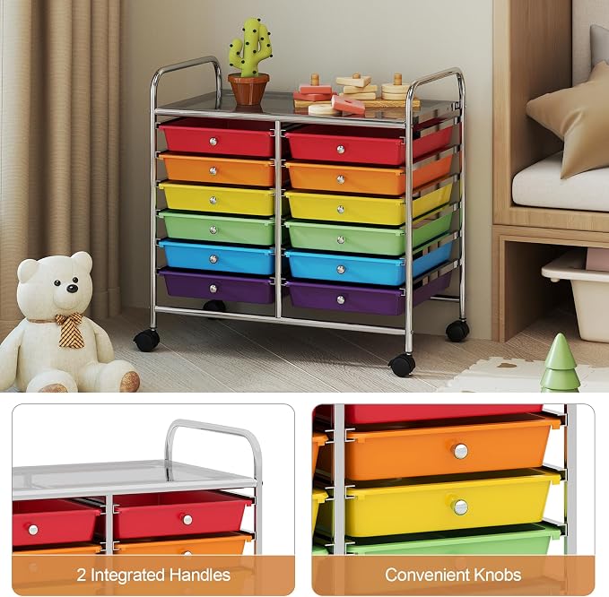RELAX4LIFE 12-Drawer Rolling Storage Cart Mobile Craft Organizer Colorful | 24.5" Size, 4 Rolling Casters, Metal Frame, For School Teacher Office Salon Art File Supplies