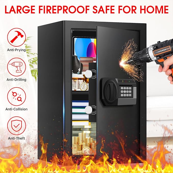 3.4 Cuft Large Safes for Home Use Fire and Water Proof, Anti-Theft Digital Security Safe Box with Electronic Keypad and Key, Fire Proof Safe for Home Documents Firearm Medicine Money Valuables