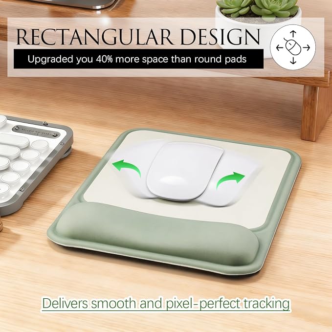 JIKIOU Ergonomic Mouse Pad with Gel Wrist Rest, 10 x 7.25 in, Green | 40% Larger Rectangular Design-No More Hitting Edges Mid-glide, Savior of Pain Relief, Smooth Lycra Surface, Non-Slip PU Base