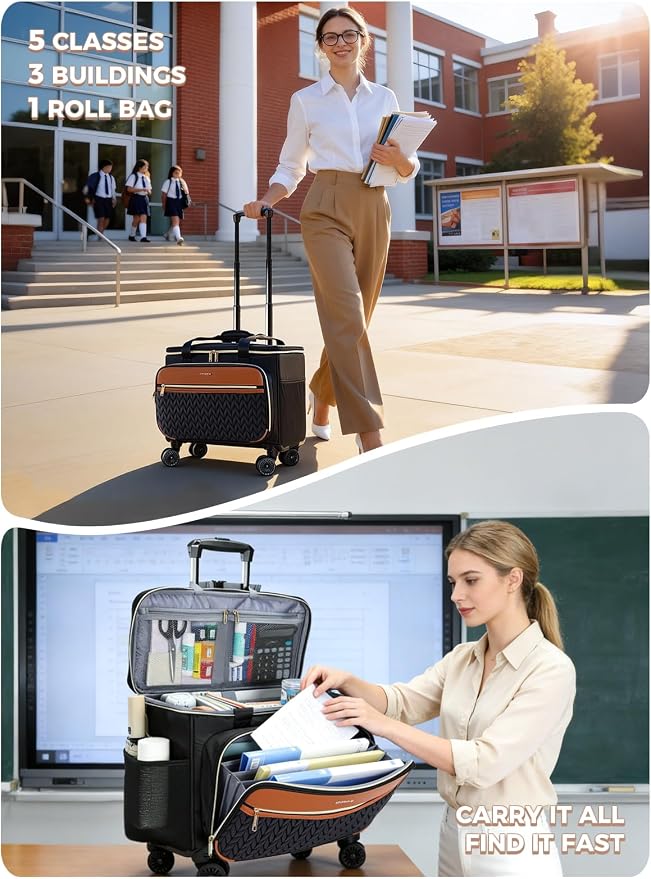 Rolling Teacher Bag with 4-Wheels 360° Spinner, Hardside Large | Laptop Rolling Briefcase for Women Teacher Office Craft Nurse, Roller Tote Work Bag with Accordion File, Quilted Black Brown