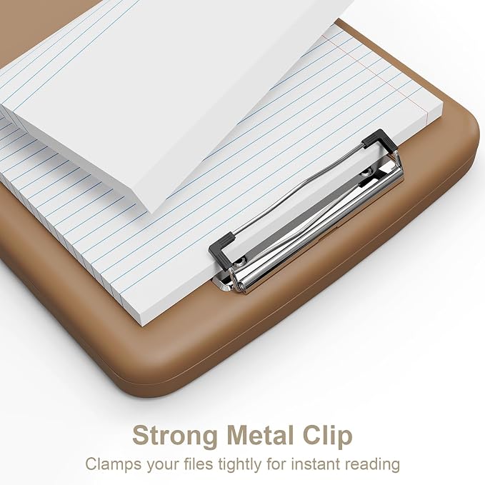 Piasoenc Clipboard with Storage, 8.5 x 11 Clip Board with Pen Holder, Brown | High Capacity, Heavy Duty Plastic Organization Box for A4 Legal Paper Folder, Folio & Side-Opening Nurses, Teachers, Student