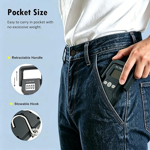 NUTRI FIT Luggage Weight Scale 110lb Hanging Luggage Scale for Suitcase | 0.1lb Precision, Max 110lb, 3.3ft Tape Measure, Backlit Screen, Lock Data, Large Hook, Ergonomic Grip, Portable Fishing Scale