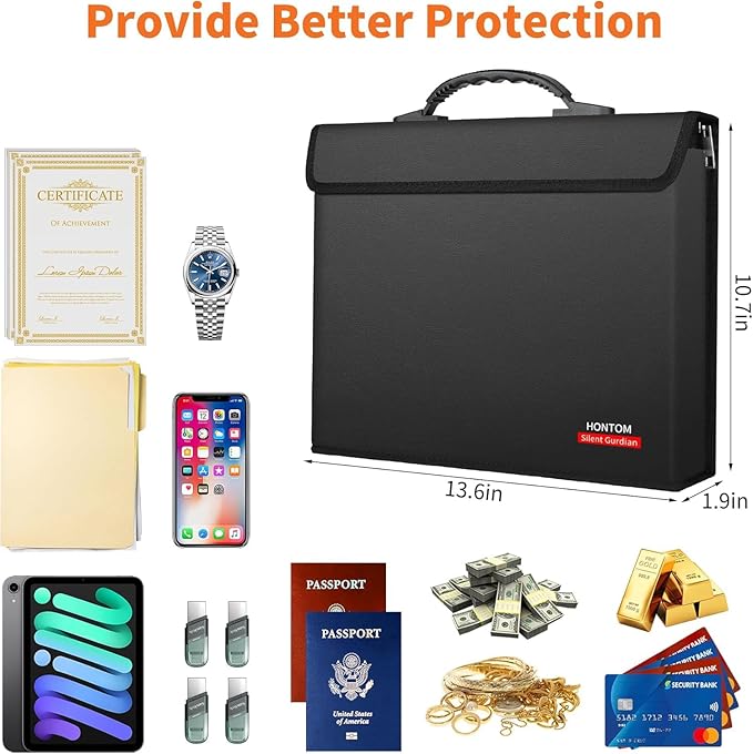 Hontom 6400℉ Fireproof Document Bag with 2 Pockets | Upgraded Material Fireproof Money Bag with Lid, Travel Home Fire Safe Storage Cash Pouch for Important Documents