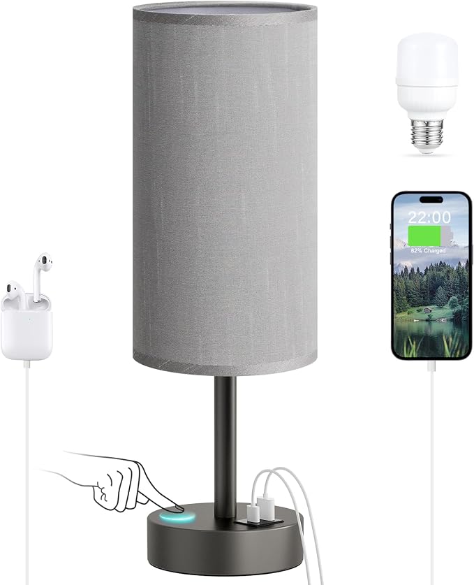 Dicoool Bedside Table Lamp for Bedroom - 3-Way Dimmable Touch Lamp, USB A+C | LED Bulb Included, 14" Small Nightstand Lamp for Desk, Living Room, Guest Room, Grey Fabric Lampshade, Grey Metal Base