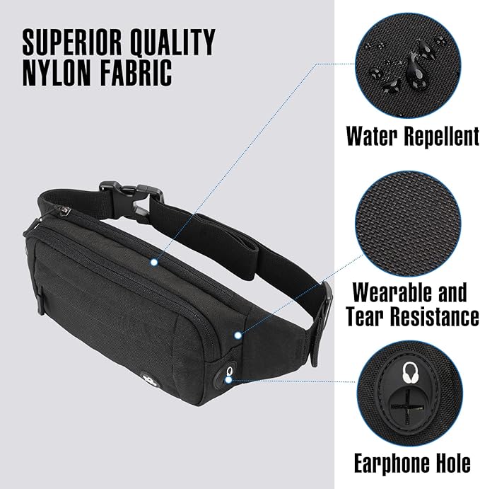 WATERFLY Small Fanny Pack Crossbody Lightweight Waist Bag for Woman Man | Adjustable extender strap, Slim compact, Water-resistant durable material, Breathable back pad, Multi-scene for travel, daily