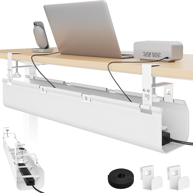 PEGZONE No Drill Under Desk Cable Management Tray, 31.5" Fabric Organizer | Clamp/Screw Premium Mount Cord Holder, for Power Strips, Adapters, with 2 Hooks & 1 Tie Roll for Home Office Gaming, White