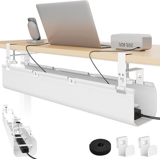 PEGZONE No Drill Under Desk Cable Management Tray, 31.5" Fabric Organizer | Clamp/Screw Premium Mount Cord Holder, for Power Strips, Adapters, with 2 Hooks & 1 Tie Roll for Home Office Gaming, White