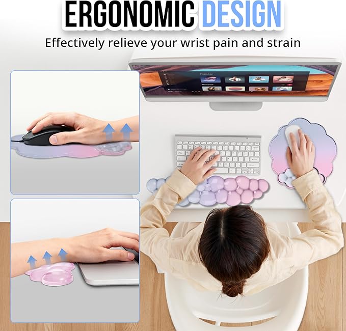 Cloud Wrist Rest Gel Set — Ergonomic Cloud Wrist Rest Keyboard and Mouse Pad, Non-Slip Desk Accessories for Office and Home（Gradient Pink）