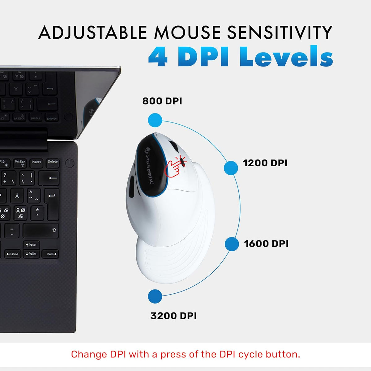 J-Tech Digital Wireless Mouse, Vertical Ergonomic Mouse with Bluetooth Dual Modes + USB Dongle + Rechargeable w/ 2.4GHz Wireless + Adjustable DPI 3200 for Laptop, Desktop, PC, Mac [V638W], White