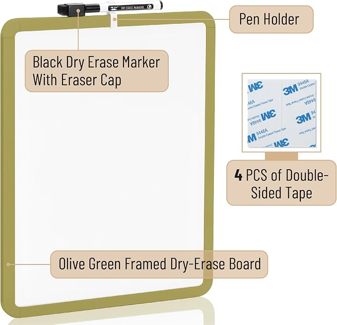 Mr. Pen- Dry Erase Board, 14” x 11” with a Black Dry Erase Marker | Olive Green Frame, Small Mini White Board for Students, Fridge, Wall, Locker, Includes Double Sided Tapes