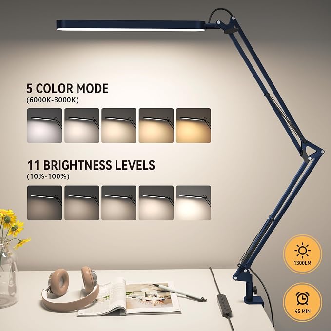 Desk Lamp - LED Desk Light - 5 Color Modes X 11 Brightness Levels - Adjustable Swing Arm - Timmer & Memory Function - 12W Lamp for Desk - Blue