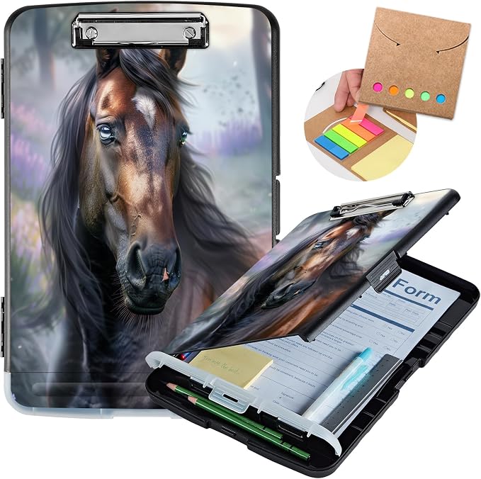 Clipboard with Storage,Storage Clipboard with Pen Holder,Heavy Duty Plastic Storage Clipboard with Low Profile Clip,Teacher Must Haves,Clipboard Folder,Office Supplies,Beautiful Brown Horse