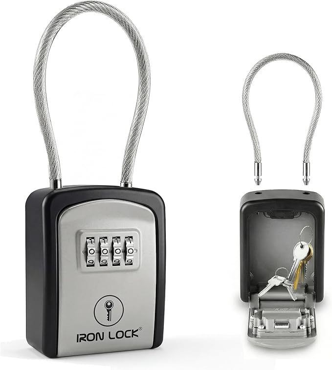 Iron Lock® Key Lock Box with Code, Portable Cable Shackle (Small, Grey) | Holds 2-3 house keys or an access card; 11-in steel cable loops on gate or rail; weather-resistant; no app or battery
