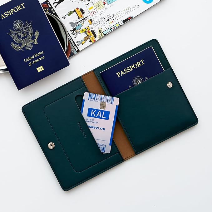 Premium RFID Blocking Leather Passport Holder & Wallet –Dark Green | Family Travel Document Organizer – for 2 Passports, Cards, Boarding Passes & Travel Essentials