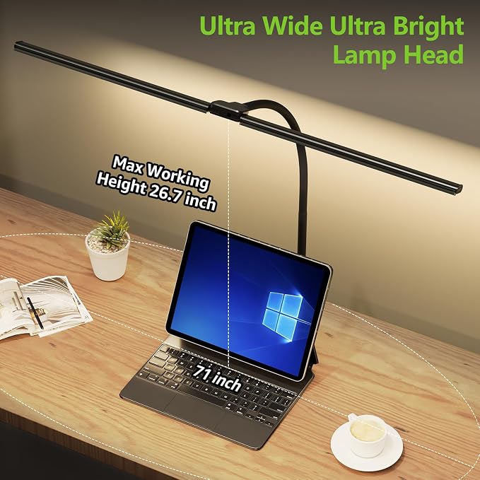 ShineTech LED Desk Lamp for Home Office, 3000K Warm White Double Head Architect Task Lamps with Clamp, Dimmable Adjustable Flexible, Black