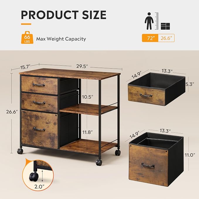 DEVAISE 3 Drawer Mobile File Cabinet with Open Storage Shelf | Rolling Printer Stand, Fabric Lateral Filing Cabinet fits A4 or Letter Size for Home Office, Rustic Brown Wood Grain Print