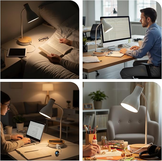 LALISU Desk Lamp for Home Office, 10W Wireless Charger Desk Light with USB C+AC Charging Ports,3 Ways Dimming Reading Light, Touch Table Lamp for College Dorm Room (White-Fast Charging (10W))