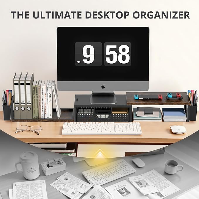 Desk Organizers and Accessories, Dual Monitor Stand Riser with Drawer and 2 Pen Holders, Desk Shelf Computer Racks for Office Workspace Organizers, Desktop Organization (Rustic Brown)