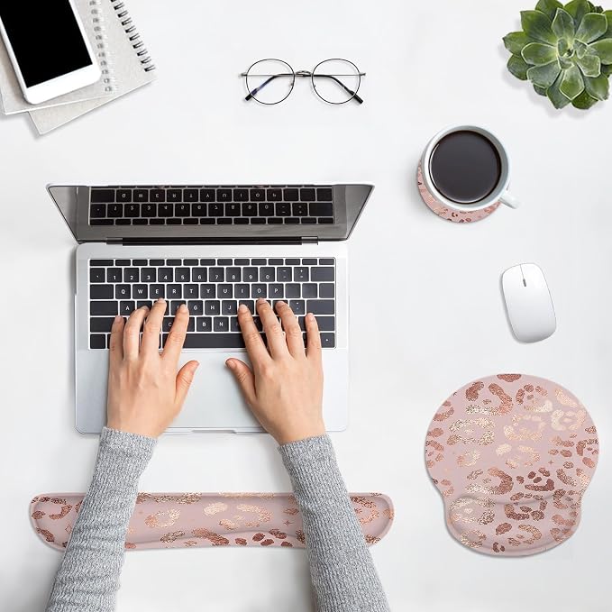Ergonomic Mouse Pad Set with Wrist Rest, Leopard Rose Gold Pink | Non-Slip Rubber Base Wrist Cushion Support and Coasters Mousepad with Wrist Support for Computer Keyboard