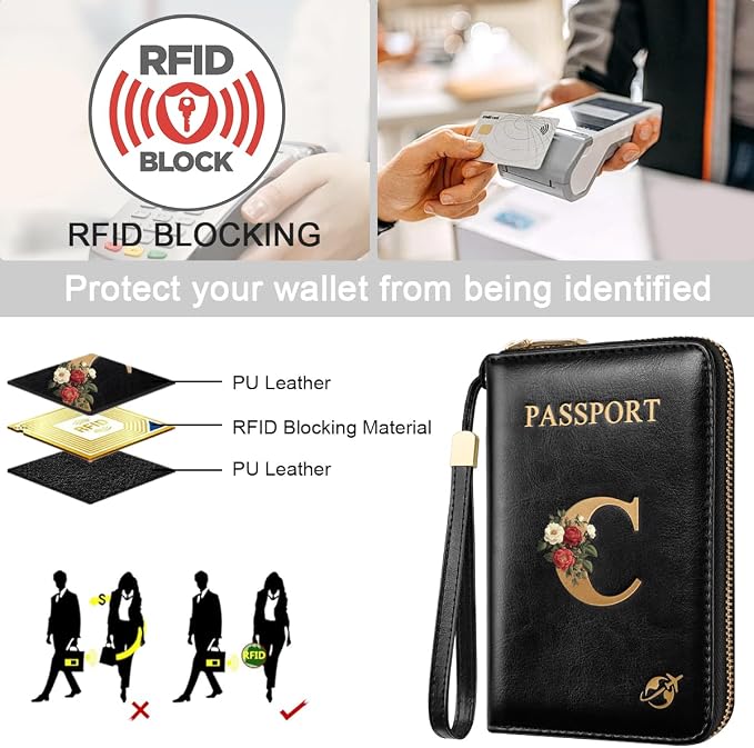 Passport Holder for Travel Personalized Wallet with Wristlet Women | Passport Cover, RFID Blocking, Passport Book Holders, Back Coin Pocket, Zipper Closure, Roses Initial Letter, Black C