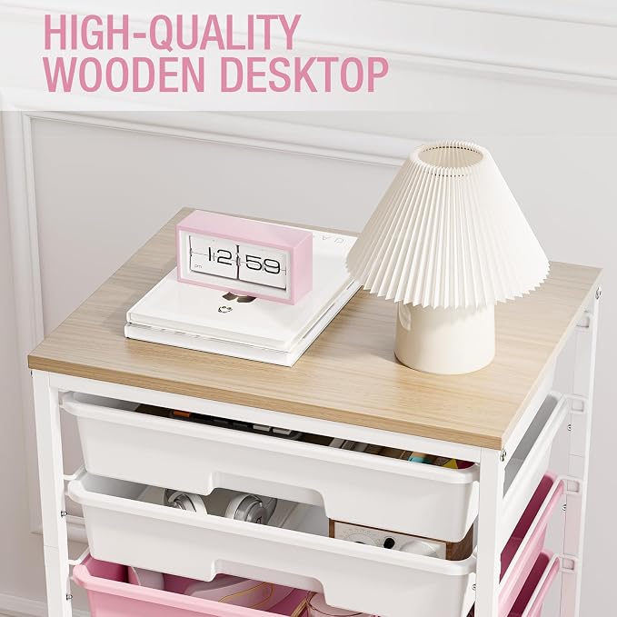 TOOLF Rolling Storage Cart with 8 Drawers,Rose Pink | Utility Cart on Wheels with Wooden Tabletop,Teacher Organization for Classroom, Art Cart for Office,Bedroom,Craft Room