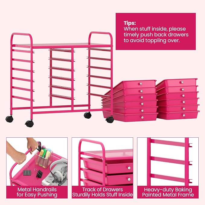 COSTWAY 12-Drawer Rolling Storage Cart, Utility Storage Organizer Cart | For Tools, Scrapbook, Paper, Craft, Multipurpose Art Supply Organizer on Wheels for Home Office School, Teacher, Hot Pink