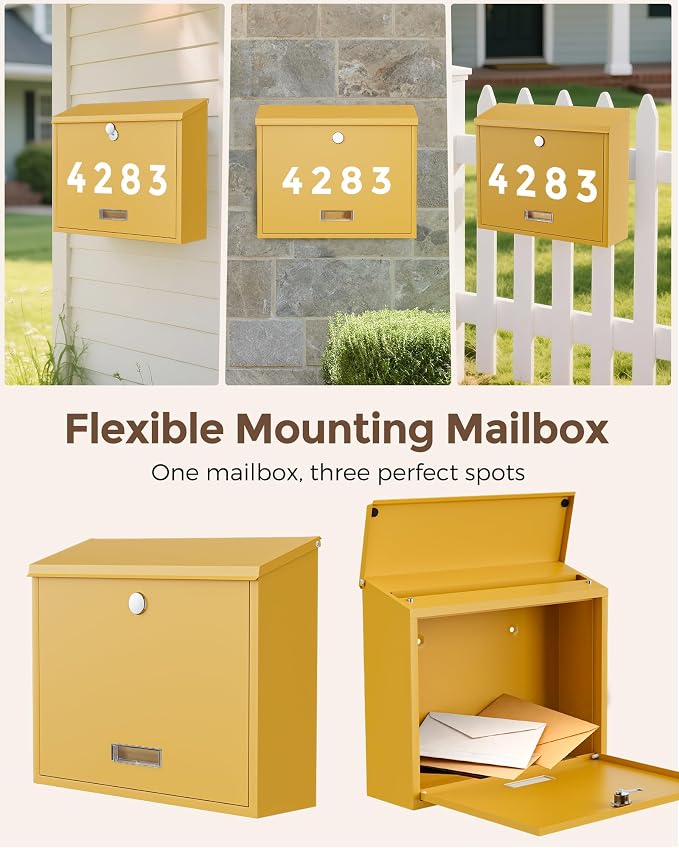 LAND·VOI Locking Wall-Mount Mailbox for Outside, with 4 Keys, Galvanized Steel Rustproof Metal Postbox, 4" Dx13.8 Wx11.2 H, Includes 3 Sets of Mailbox Numbers, Nameplate, Yellow