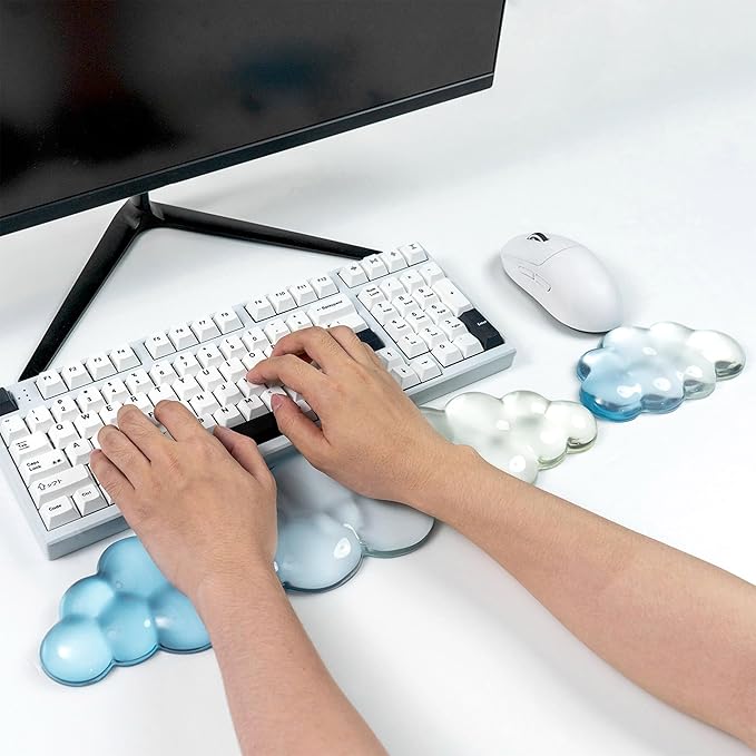 Ergonomic Gel Cloud Keyboard and Mouse Wrist Rest Set – Clear Wrist Rest for Computer Keyboard 60%/68%/75%, Comfort & Support for Typing and Gaming (White Blue)