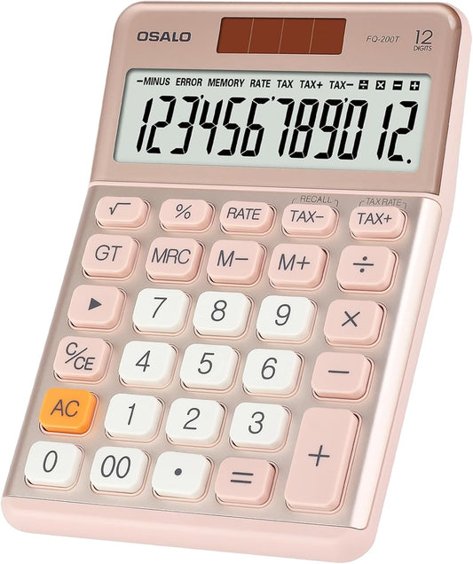 Pendancy Office Small Calculator Desktop with Tax+/- for Tax Calculation, 12 Digit Large LCD Display, Solar Battery Power, Durable Portable Design, Financial Accounting Business Home Use(OS-200T-Pink)